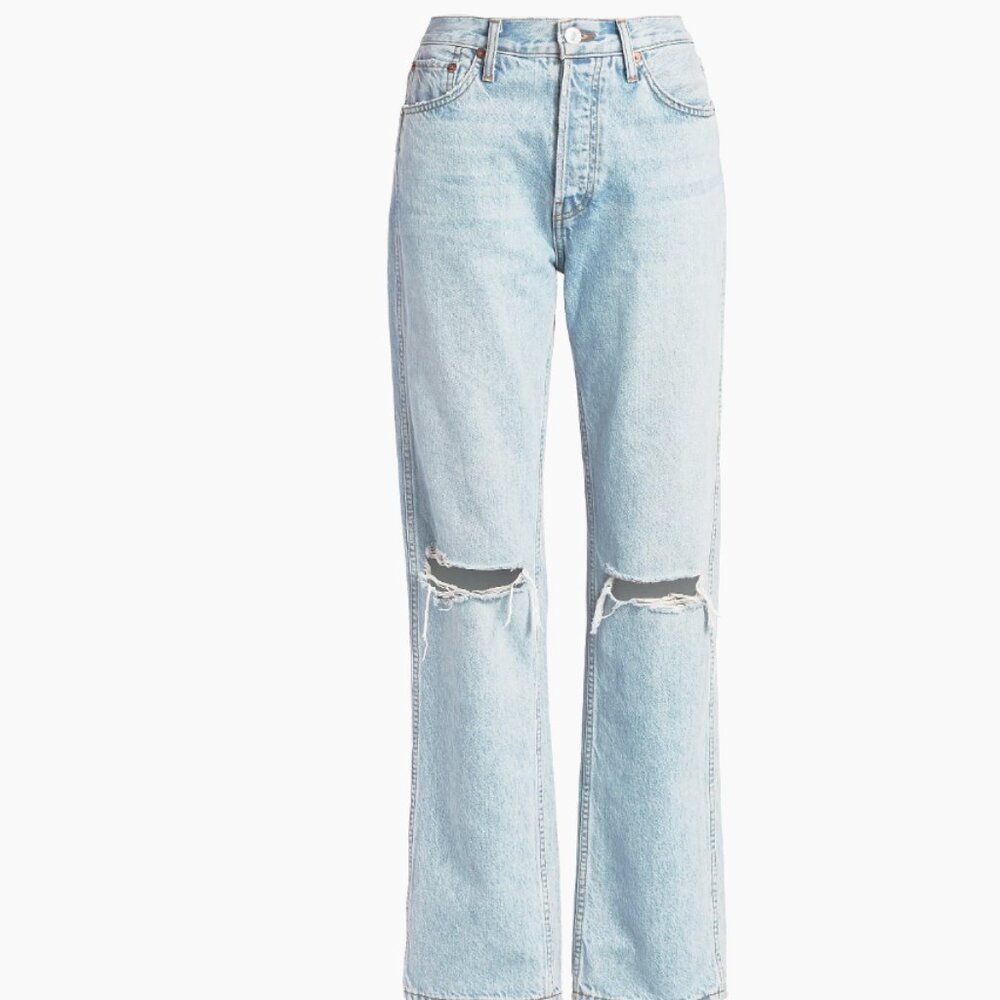 Re/Done Sky Blue-Bleach Destroy High-Rise Ripped Loose Cropped Jeans